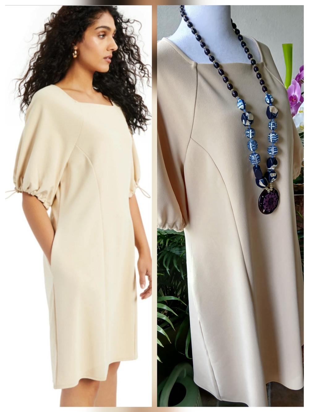 🔥Alfani STYLISH Cream Puff-Sleeve Midi Shift Dress POCKETS Medium & FREE GIFT